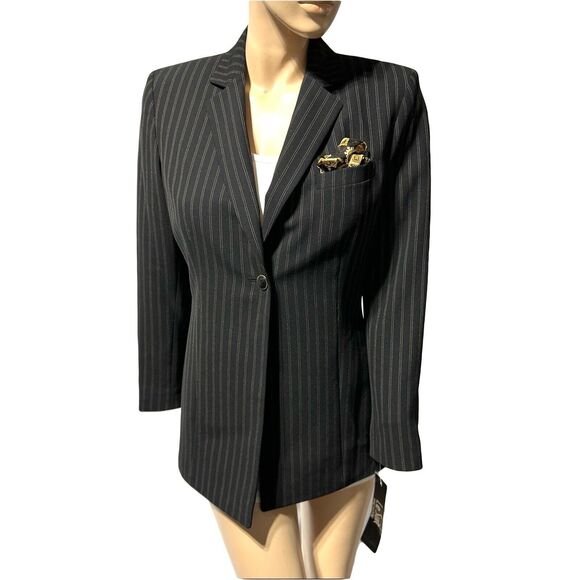 Le Suit Jacket Blazer Size 10 P Petite Black Pinstripe Single Button NWT - Picture 1 of 13